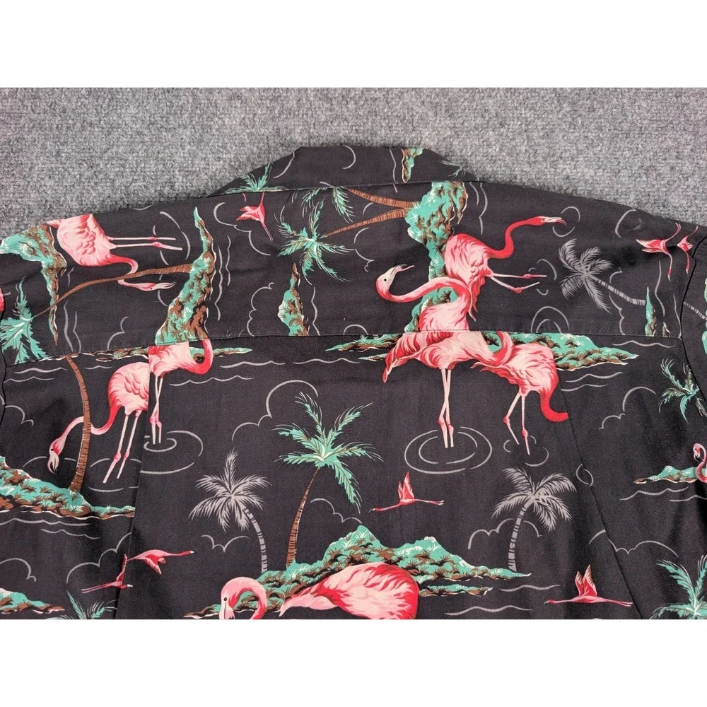 Vtg‎ Paradise Found Hawaiian Shirt Mens XL Flamingo Palm Trees Wood Buttons